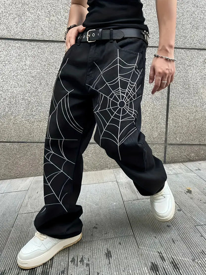 Men’s Loose Fit Denim Pants – Black Streetwear Jeans with Spider Web Design, All-Season Casual Style