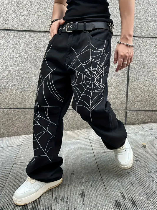 Men’s Loose Fit Denim Pants – Black Streetwear Jeans with Spider Web Design, All-Season Casual Style