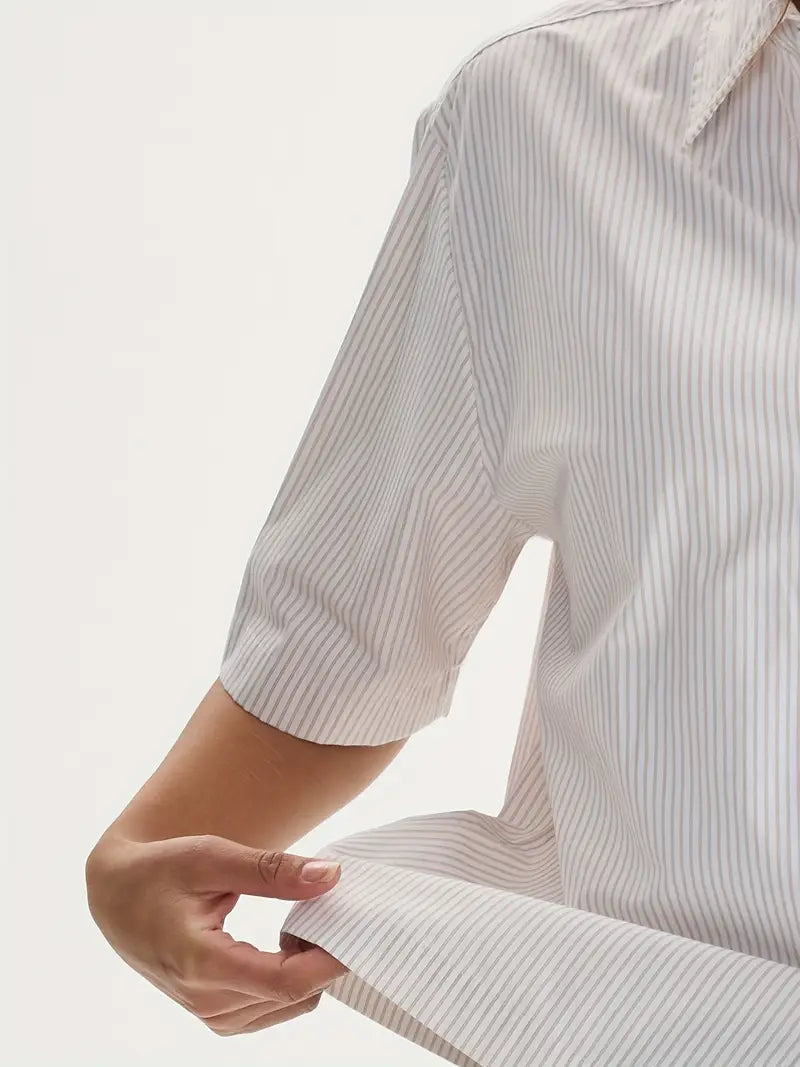 Unisex Casual Striped Shirt Oversized Short Sleeve Button-Up with Chest Pocket Lightweight Polyester