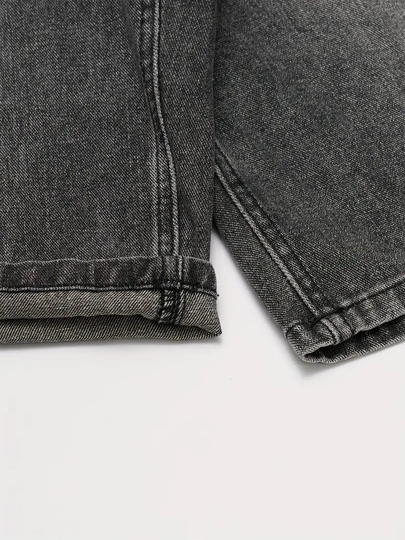 Men’s Korean Streetwear Jeans – Slim-Fit Faux Denim with Raw Hem, Black & Gray Washed Trousers