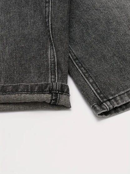 Men’s Korean Streetwear Jeans – Slim-Fit Faux Denim with Raw Hem, Black & Gray Washed Trousers