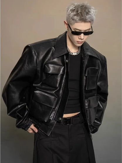 Men's Full-Zip Jacket with Multi-Pocket Design Black Loose Fit Casual Outerwear for Spring Autumn Mature Style