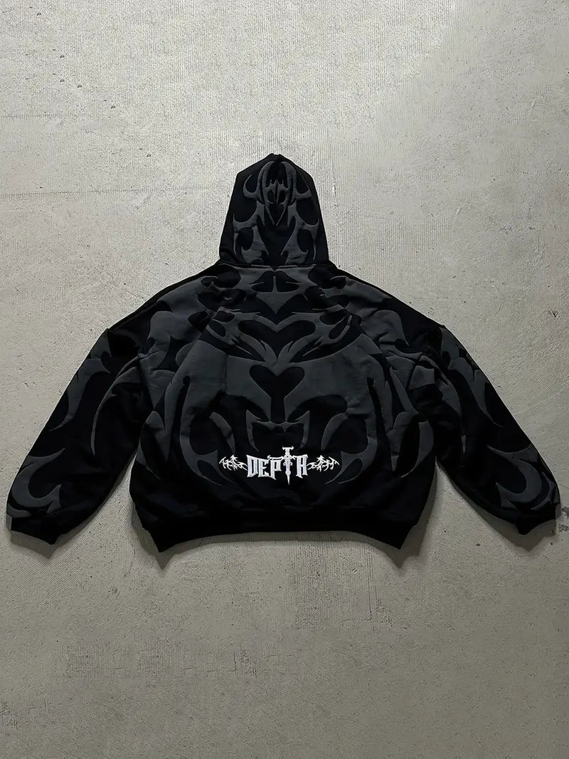 Men's Tribal Zipper Hoodie Loose Fit Streetwear Jacket with Hood Urban Casual Outerwear Orange