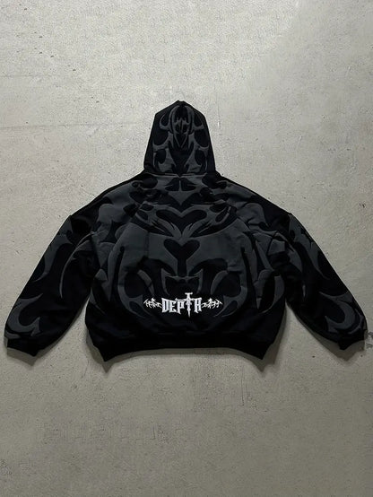 Men's Tribal Zipper Hoodie Loose Fit Streetwear Jacket with Hood Urban Casual Outerwear Orange