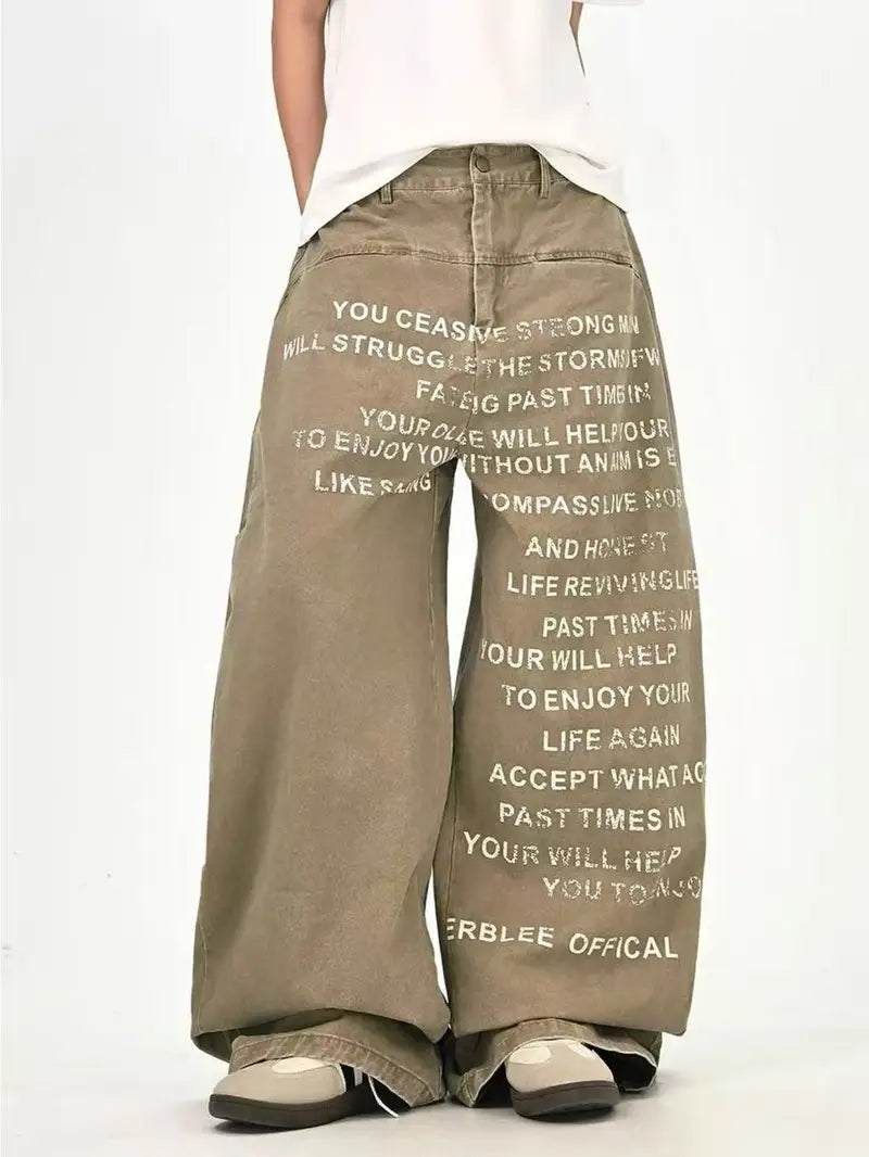 Men’s Y2K Gothic Jeans – Black Wide-Leg Denim with White Lettering & Geometric Print for Streetwear