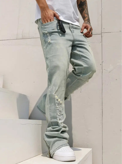 Men’s Flared Stretch Denim Jeans – Washed Blue Bell-Bottom Pants with Zipper Closure & Streetwear Fit