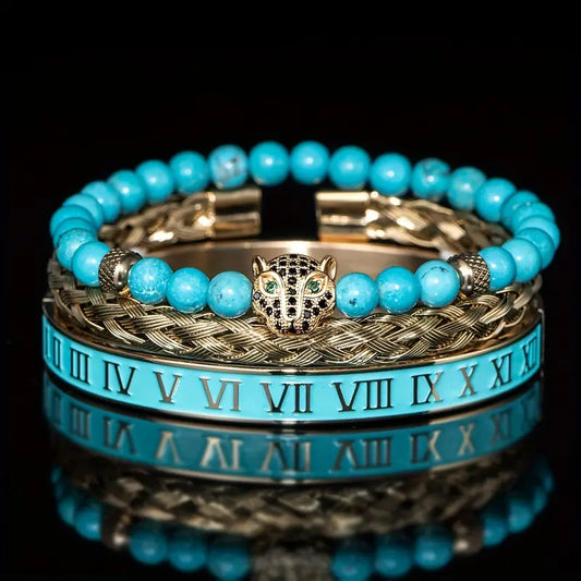 Piece Luxury Bracelet Set – CZ Leopard Head, Roman Numerals & Stone Beads for Men and Women
