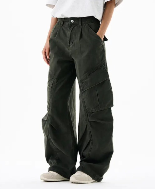 Men’s Cargo Pants – Loose Fit Draped Trousers with Large Pockets, Retro Streetwear Style Army Green