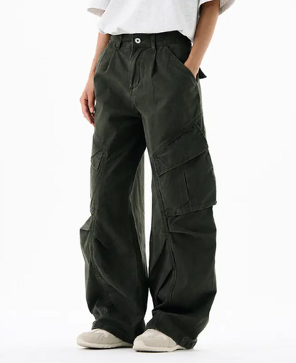 Men’s Cargo Pants – Loose Fit Draped Trousers with Large Pockets, Retro Streetwear Style Army Green
