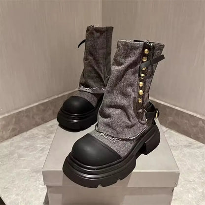 Women’s Korean Designer Chunky Platform Boots – PU Moccasin-Style Ankle Boots with Zipper Closure, Cuff Detailing & Pointed Toe for Autumn/Winter Casual & Formal Wear