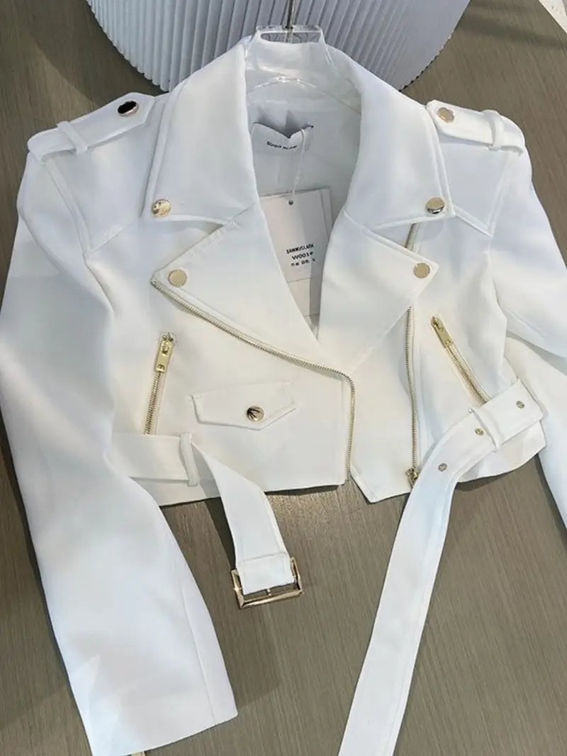 Women’s Retro Motorcycle Jacket – Slim-Fit Short Coat with Stand Collar, Golden Hardware & Full-Zip Closure for Fall Commuting & Streetwear