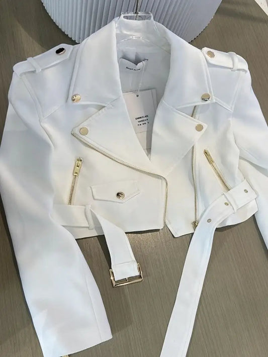 Women’s Retro Motorcycle Jacket – Slim-Fit Short Coat with Stand Collar, Golden Hardware & Full-Zip Closure for Fall Commuting & Streetwear