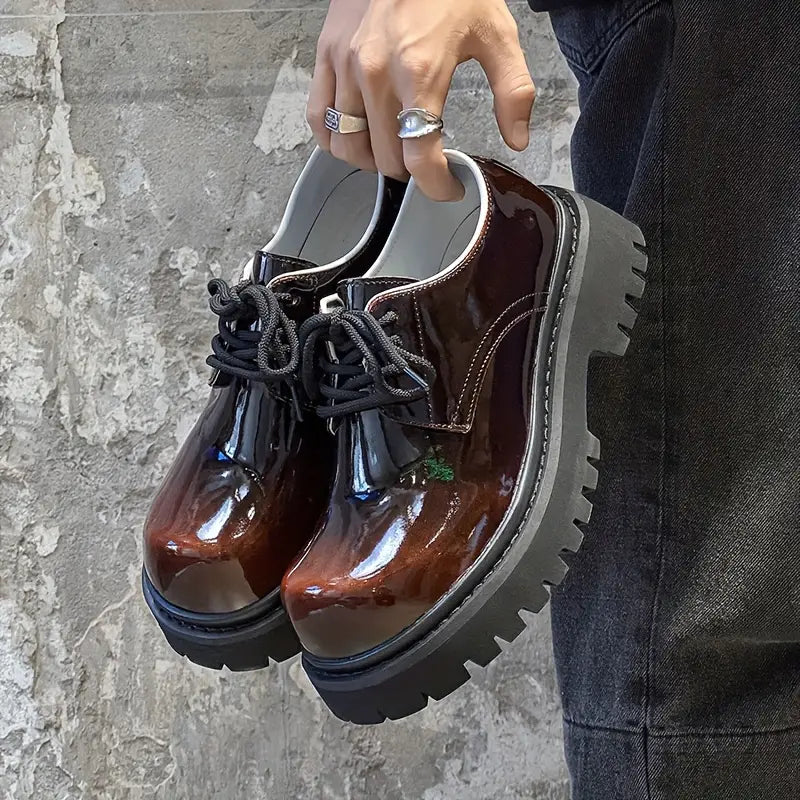 Men's Glossy Low-Top Sneakers – Brown, Round Toe, Cushioned Insole, Non-Slip Sole, Casual & Formal