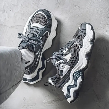 Men’s Retro Running Sneakers – Geometric Wave Sole, Breathable Mesh Upper