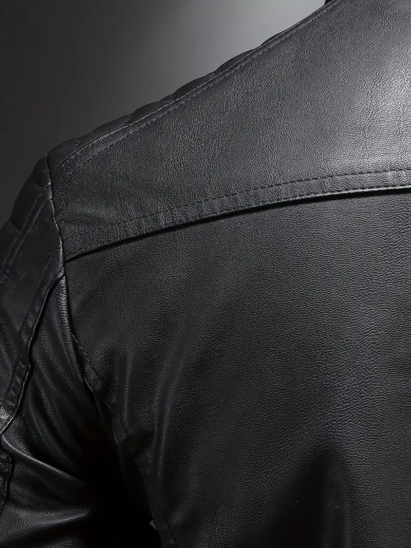 Men's Stand Collar Faux Leather Jacket Zip-Up Solid Color Casual Outerwear with Pockets