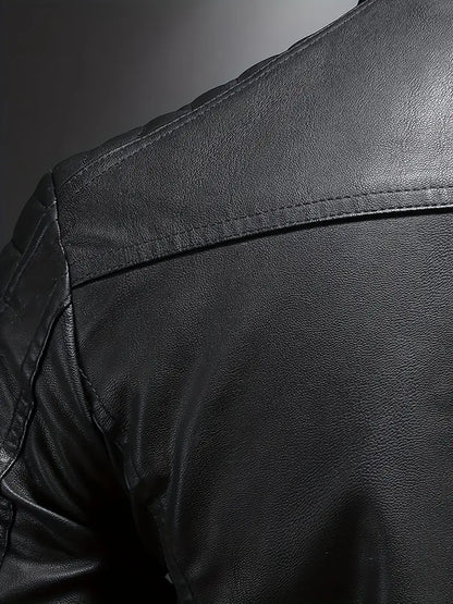 Men's Stand Collar Faux Leather Jacket Zip-Up Solid Color Casual Outerwear with Pockets