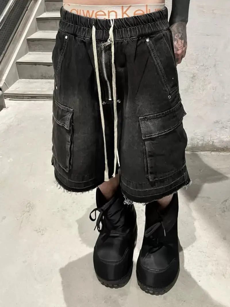 Men’s Distressed Denim Shorts – Loose Fit Workwear with Frayed Hem & Multi-Pocket Industrial Style