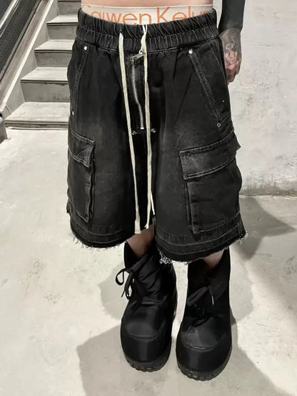 Men’s Distressed Denim Shorts – Loose Fit Workwear with Frayed Hem & Multi-Pocket Industrial Style