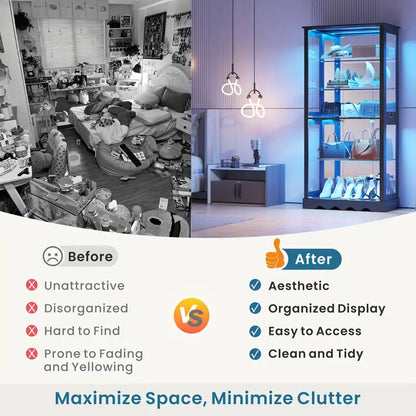 71'' Tall RGB LED Display Cabinet with Glass Doors Smart Modern Curio Case with Removable Shelves MDF Frame and Panel for Collectibles Books Medals Figures Black White