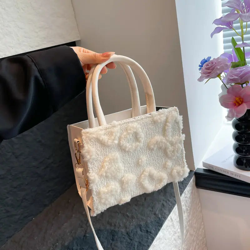 Women’s Summer Plush Small Square Handbag – Floral Heart Pattern, Zipper Closure, Detachable Strap, Multi-Color Crossbody Bag