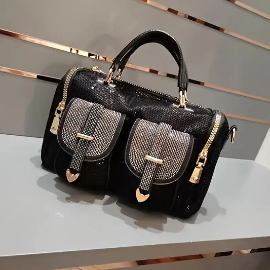 Rhinestone Women's Handbag with Crossbody Strap – Elegant Large Shoulder Bag