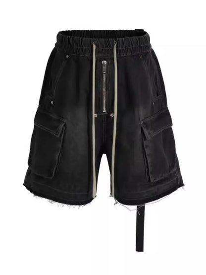 Men’s Distressed Denim Shorts – Loose Fit Workwear with Frayed Hem & Multi-Pocket Industrial Style
