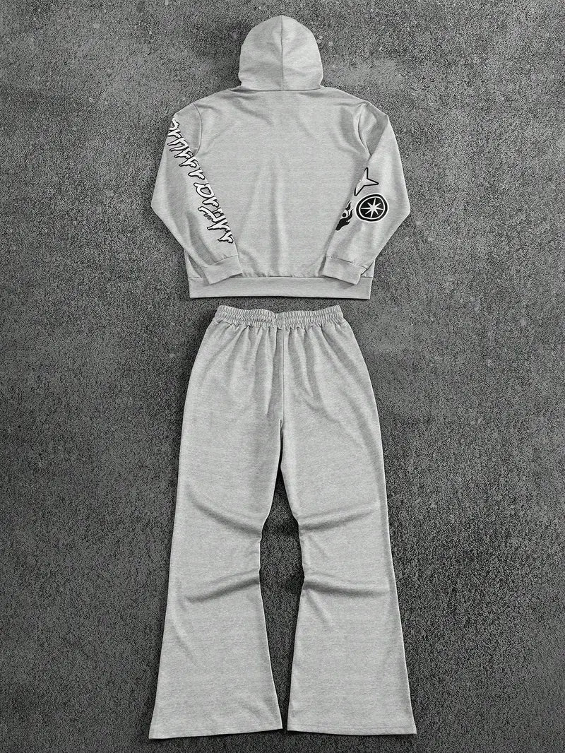 Men's Autumn Winter Cross Print Hoodie Set Polyester Two-Piece Streetwear Outfit with Y2K Retro Elements