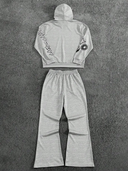 Men's Autumn Winter Cross Print Hoodie Set Polyester Two-Piece Streetwear Outfit with Y2K Retro Elements