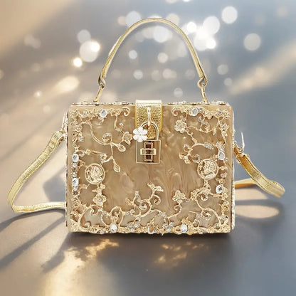 Ladies Acrylic Rhinestone Evening Clutch – Square Box Glitter Crossbody Purse with Zipper Closure & Golden-Tone Hardware