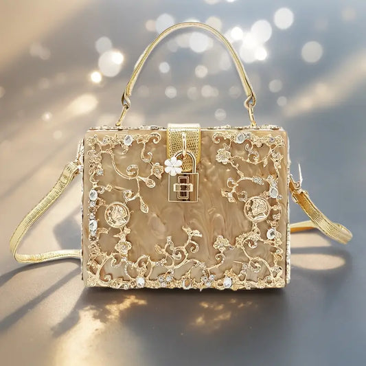 Ladies Acrylic Rhinestone Evening Clutch – Square Box Glitter Crossbody Purse with Zipper Closure & Golden-Tone Hardware