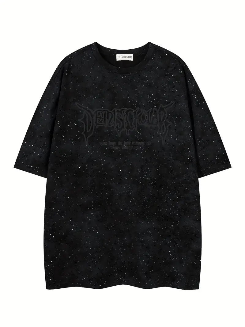 Men's Black Starry Sky T-Shirt Short Sleeve Regular Fit Round Neck Geometric Print for Gym & Daily Wear