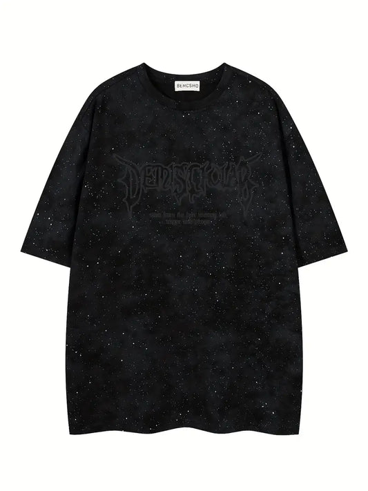 Men's Black Starry Sky T-Shirt Short Sleeve Regular Fit Round Neck Geometric Print for Gym & Daily Wear