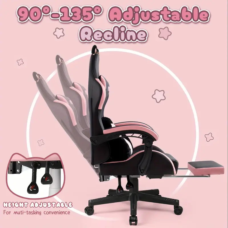 Ergonomic Gaming Chair with Cat Ear Headrest – Kawaii Style, Reclining Lumbar Support, Foam Cushion