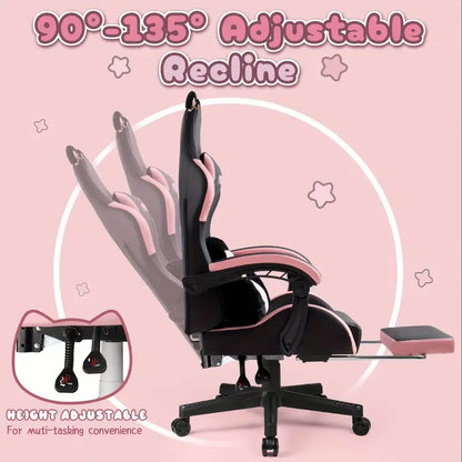 Ergonomic Gaming Chair with Cat Ear Headrest – Kawaii Style, Reclining Lumbar Support, Foam Cushion
