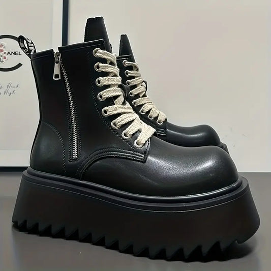 Men's Chunky Retro Boots – Height Boost, Side Zipper, Lace-Up, Thick Sole Streetwear Ankle Footwear
