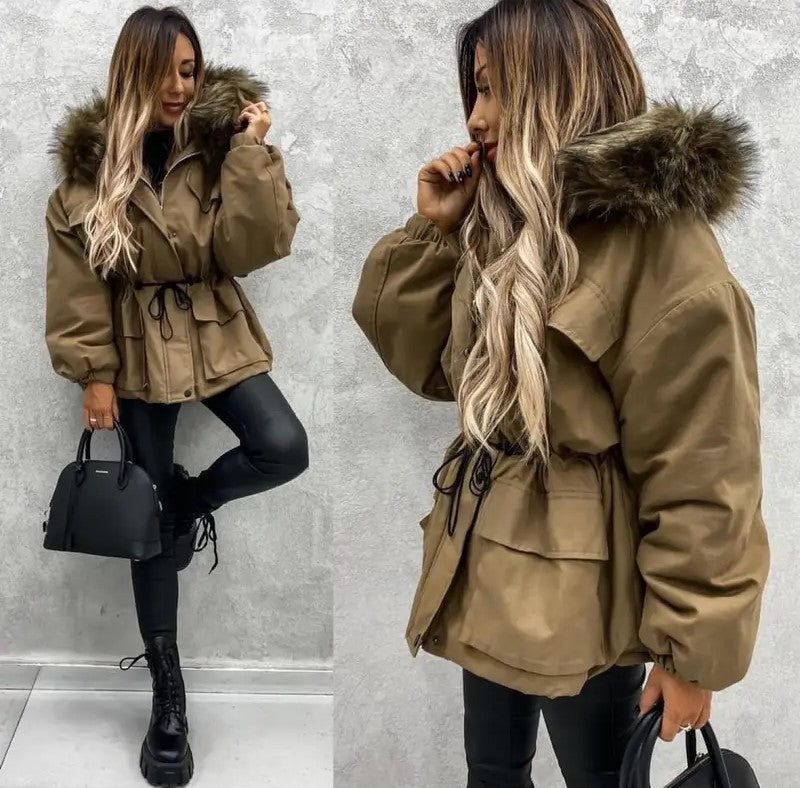 Women's Thick Fleece-Like Winter Jacket with Fur Collar Hood European Style Cold Weather Outerwear