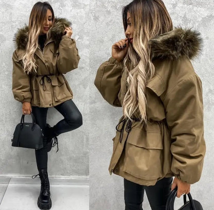 Women's Thick Fleece-Like Winter Jacket with Fur Collar Hood European Style Cold Weather Outerwear