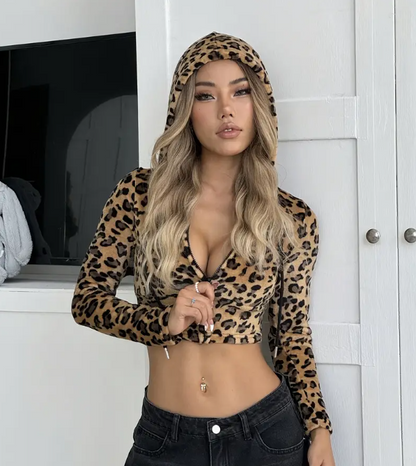 Women's Leopard Print Hooded Sweatshirt Cozy Fleece-Lined Zip-Up Pullover with Front Pockets Long Sleeves