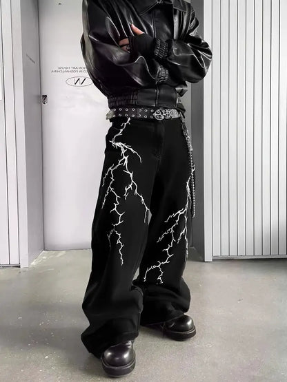 Men’s Retro Lightning Bolt Embroidered Jeans – Loose Straight-Leg, Cotton Blend, Versatile Streetwear