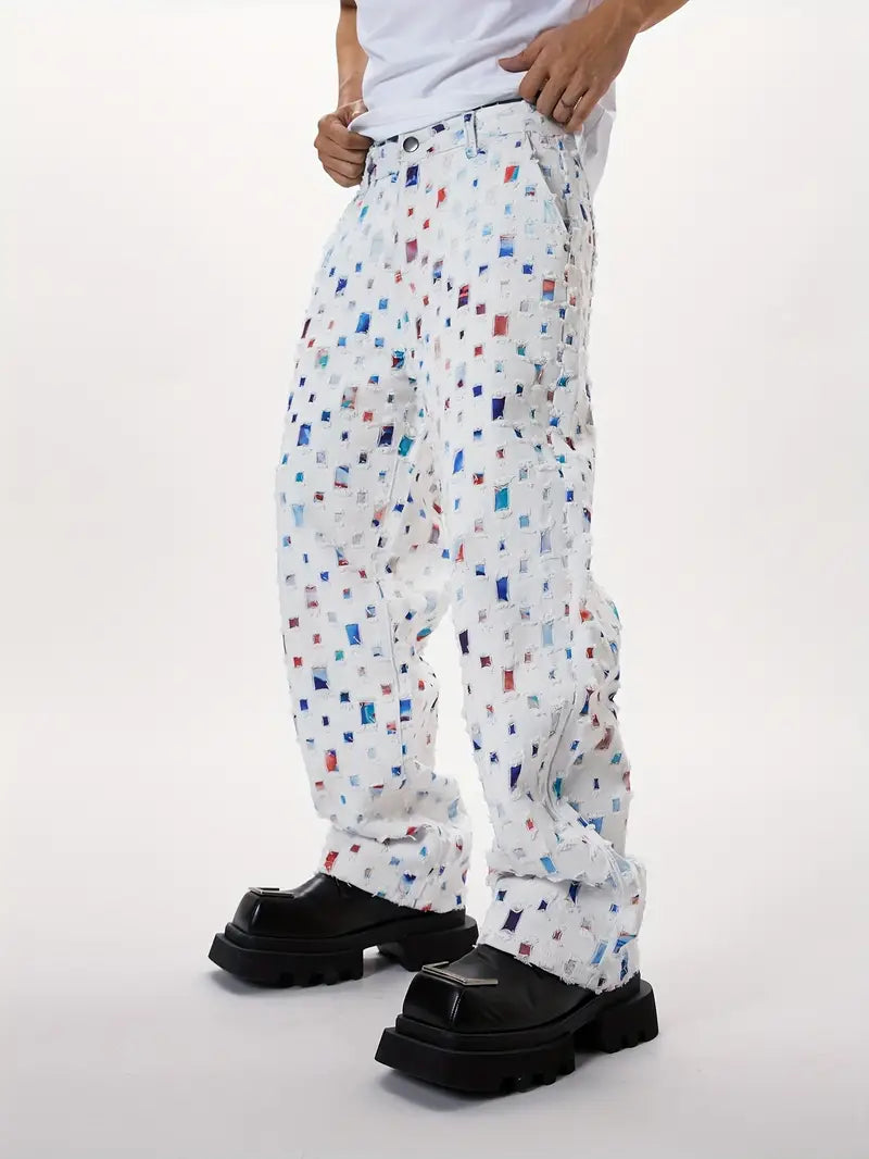 Men’s Baggy White Jeans – Y2K Skateboard Style Straight-Leg Denim with Floral Lattice Print