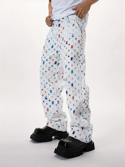 Men’s Baggy White Jeans – Y2K Skateboard Style Straight-Leg Denim with Floral Lattice Print