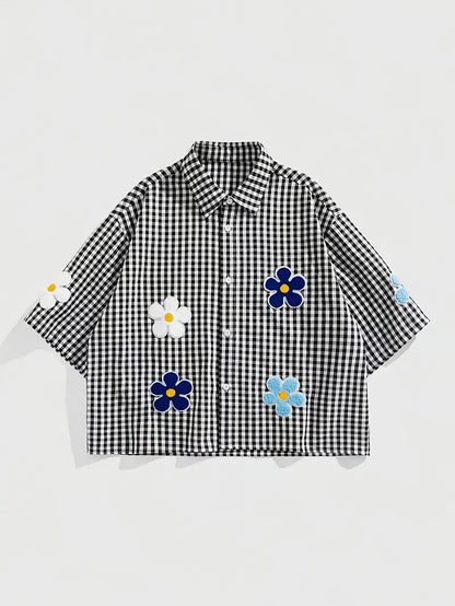 Men's White Gingham Shirt with Floral Embroidery Short Sleeve Button-Up Lightweight Summer Streetwear