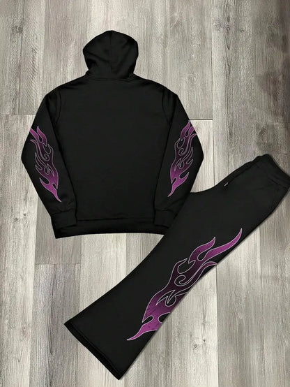 Men’s Skull Print Hoodie Set – Dark Style Sweatshirt & Flared Pants for Halloween Streetwear