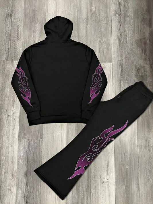 Men’s Skull Print Hoodie Set – Dark Style Sweatshirt & Flared Pants for Halloween Streetwear