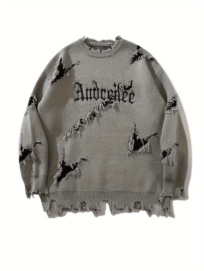 Men's Distressed Letter Sweater – Black Pullover, Scratched Knit, Streetwear for Autumn Winter Fashion