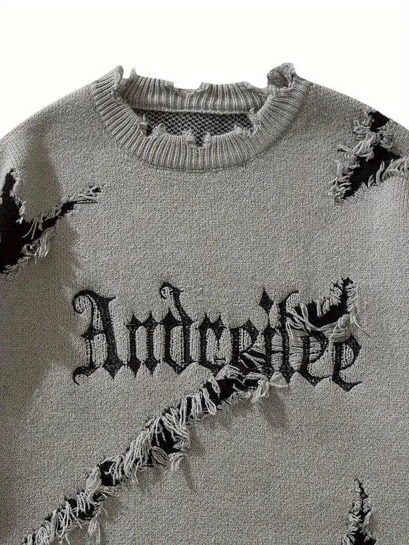 Men's Distressed Letter Sweater – Black Pullover, Scratched Knit, Streetwear for Autumn Winter Fashion