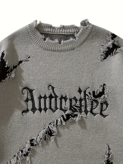 Men's Distressed Letter Sweater – Black Pullover, Scratched Knit, Streetwear for Autumn Winter Fashion