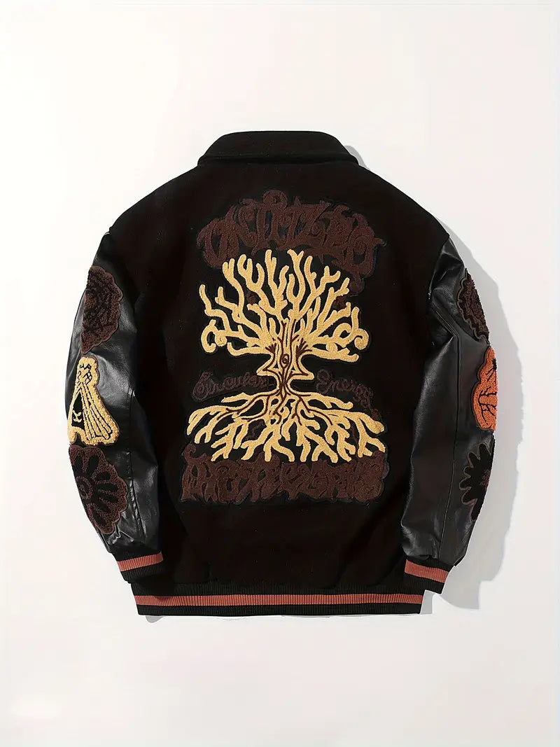 Men's Embroidered Striped Jacket Button-Up Lapel Casual Long Sleeve Outerwear for Fall Winter Black