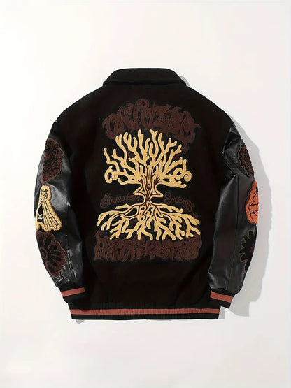 Men's Embroidered Striped Jacket Button-Up Lapel Casual Long Sleeve Outerwear for Fall Winter Black