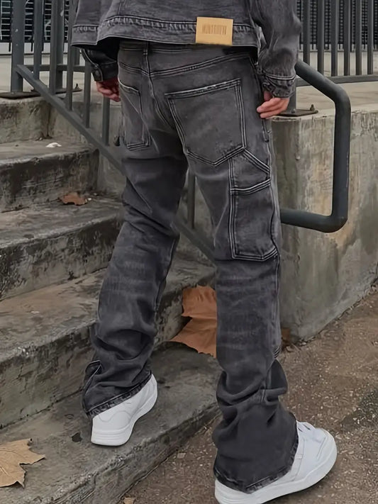 Men’s Korean Streetwear Jeans – Slim-Fit Faux Denim with Raw Hem, Black & Gray Washed Trousers